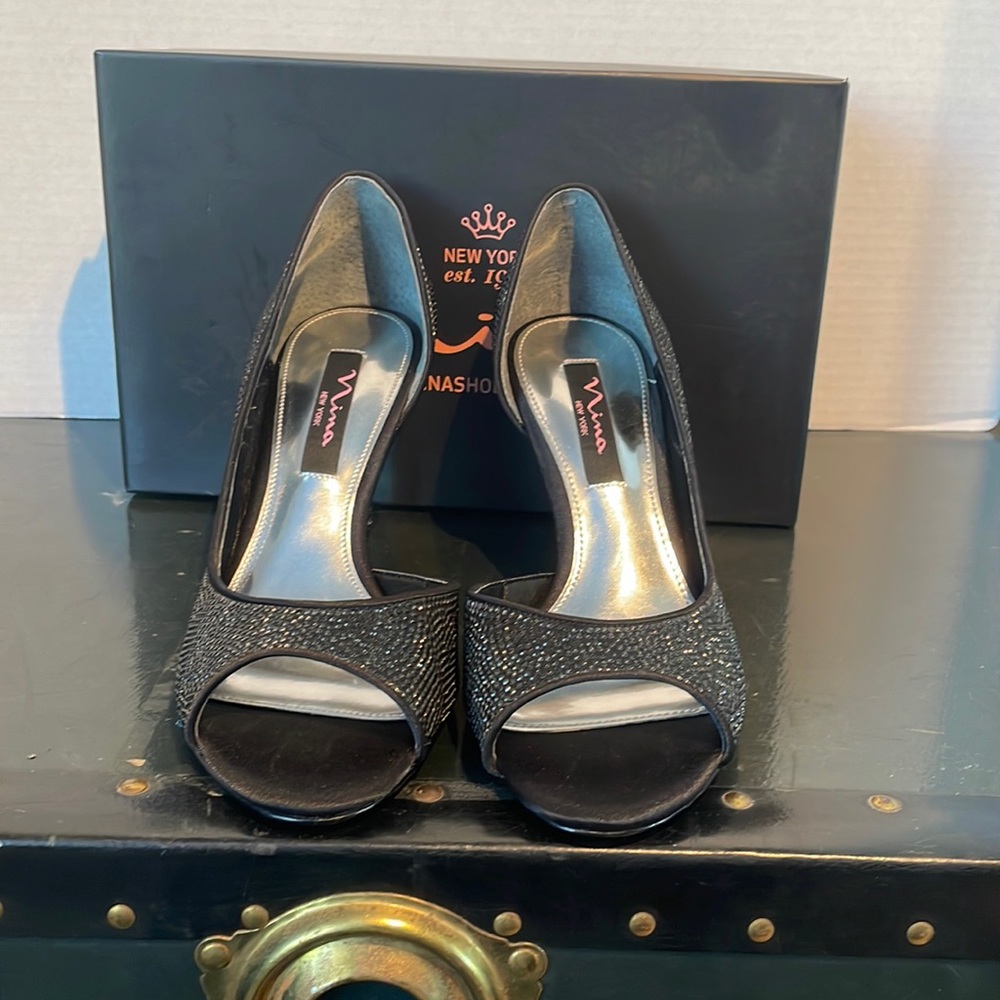 New black rhinestone heels